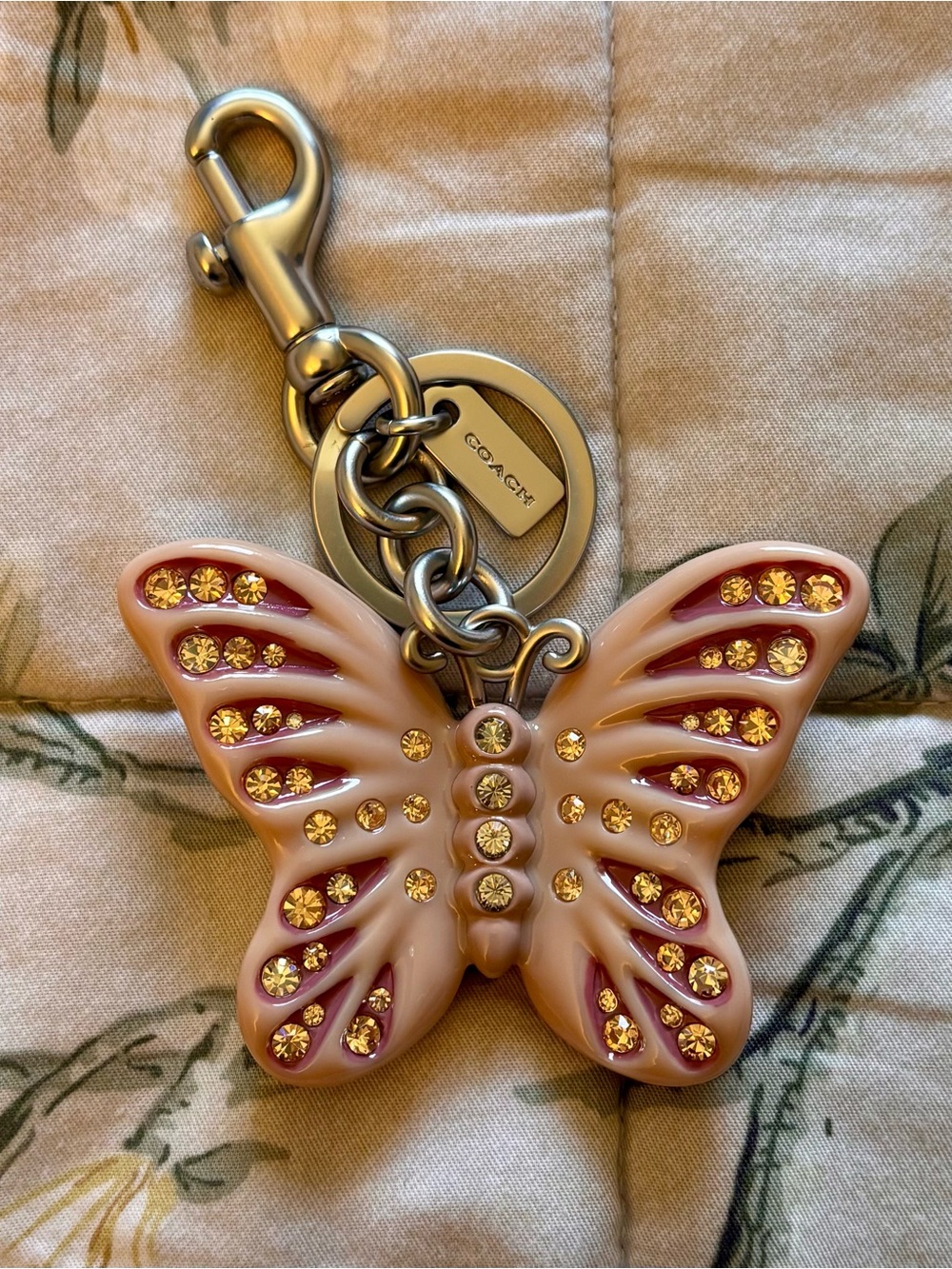 Coach Pink Butterfly Key Ring Bag Charm with Crystal Accents